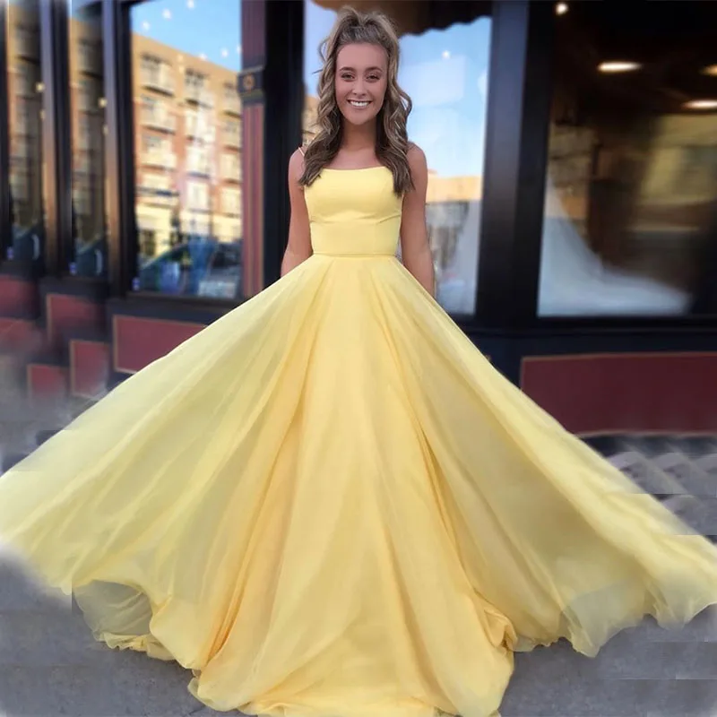 Spaghetti Strap Yellow Chiffon Prom 