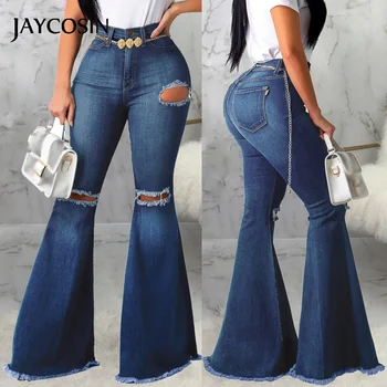 

JAYCOSIN Women's Jeans Hole Button Zipper Pocket Jeans Casual Denim Flares Wide Leg Slim Pants High Waist Wide Leg Trousers 2020
