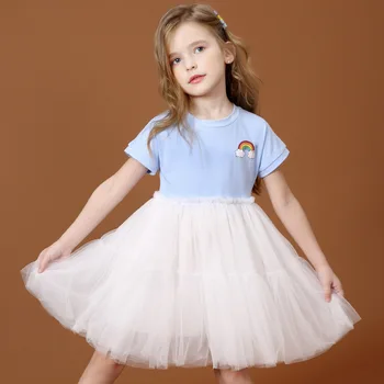 

Girl Summer Dress Tulle Pure Cotton Short Sleeve Rainbow Girl Dress Children's Princess Dress Kids Clothes