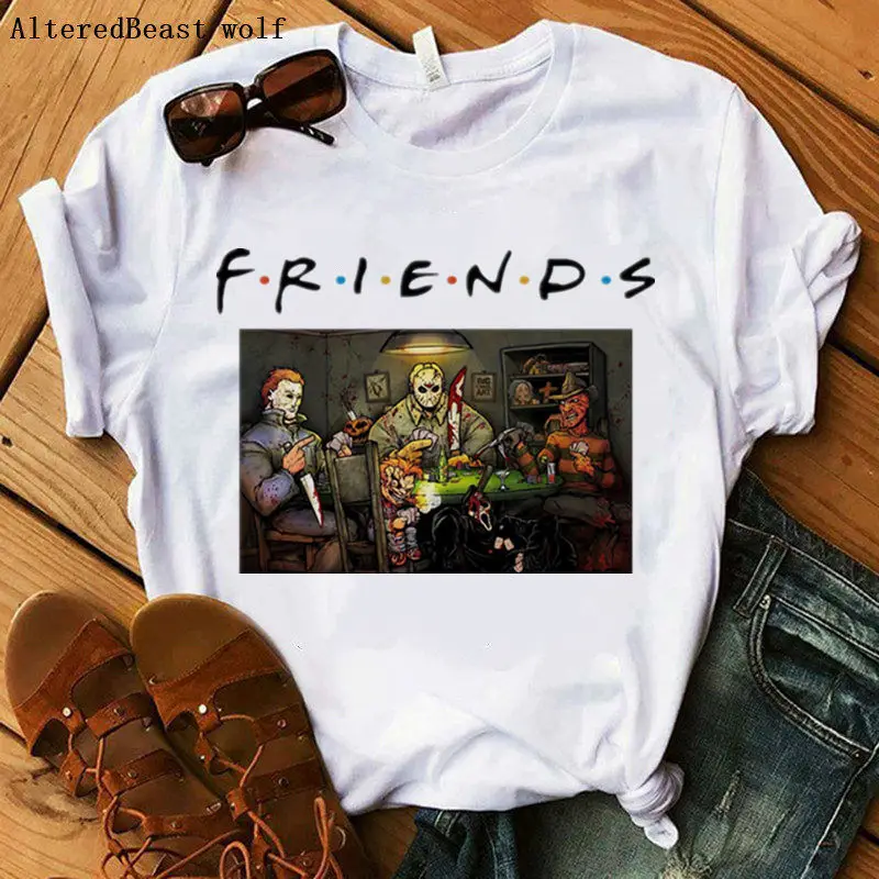 Летняя модная футболка в стиле Харадзюку для друзей на Хеллоуин; женская футболка в стиле ужасов; женская Повседневная футболка с коротким рукавом; модная футболка;