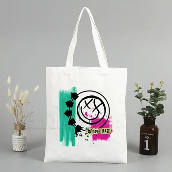 

Blink 182 Rock Band Smiley Face Design Shoulder Canvas Bags Large Capacity College Harajuku Handbag Women Bag Shopping Bag