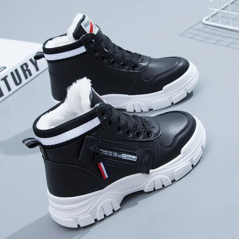 Boots Women's 2021 Winter New Style Plus Velvet Thick Boots Women's Platform Short Leather Boots Thick Soled Casual Cotton Shoes