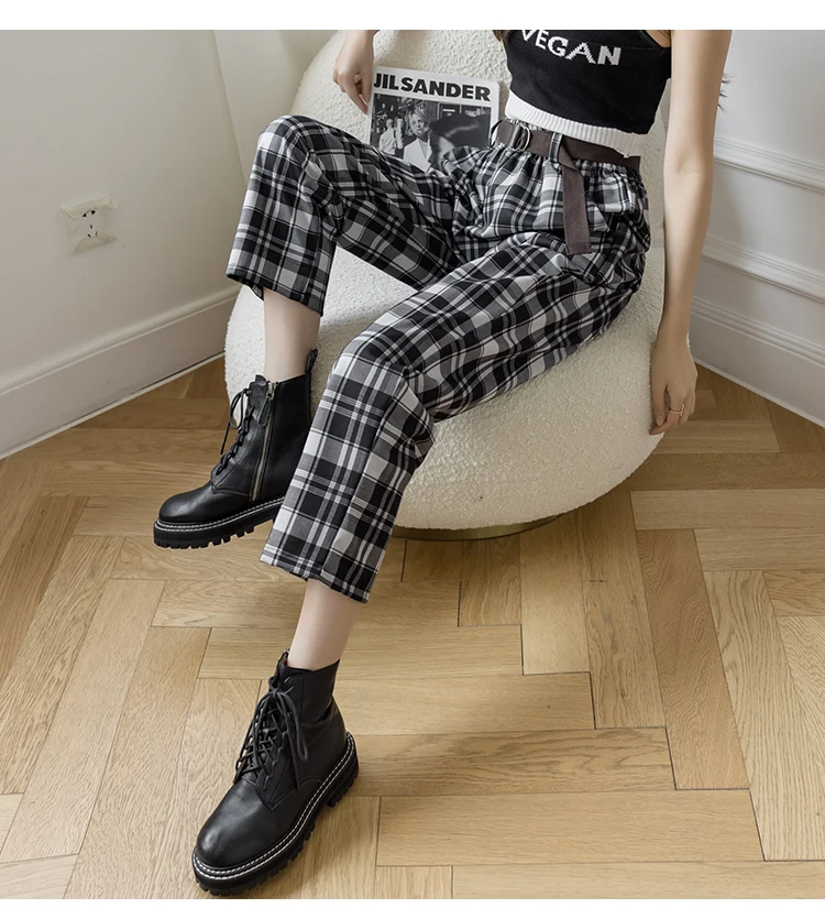 Xadrez de Cintura Alta com Cinto Fitaylor Primavera Verão Nova Chegada Senhoras Fino Harem Calças Femininas Casuais Soltas Compridas 15 Moda Feminina