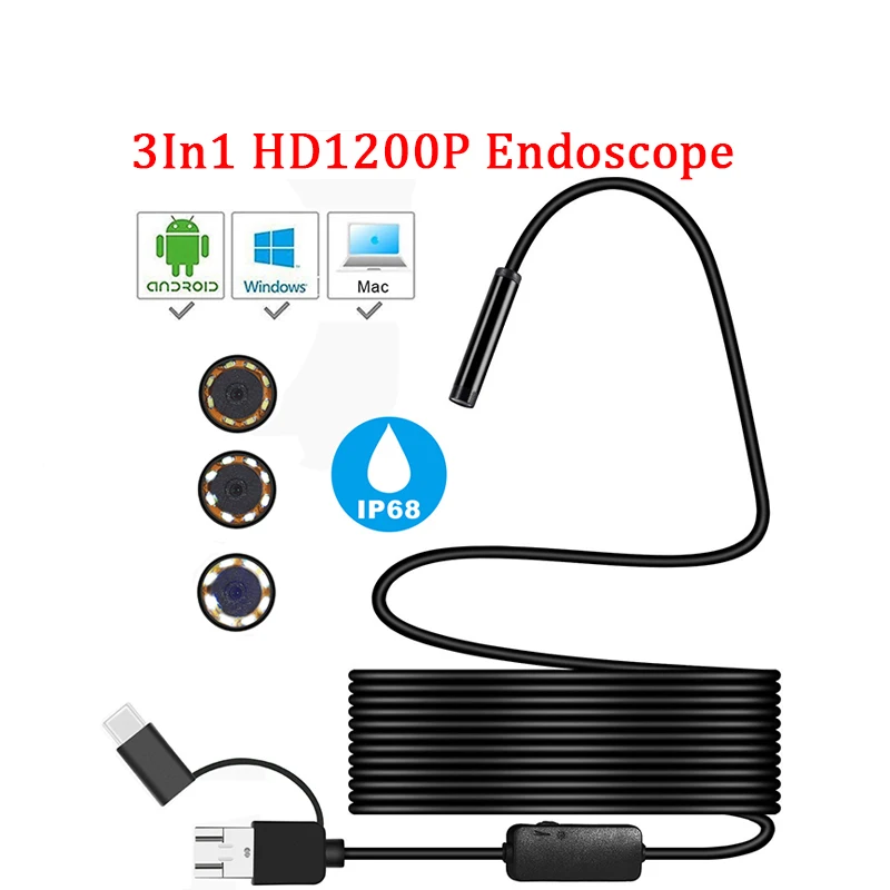 Minicámara endoscópica HD IP68, tubo rígido, flexible de 2 m, conexión USB tipo-c micro, 1200 P, boroscopio para inspección de coches, para Android