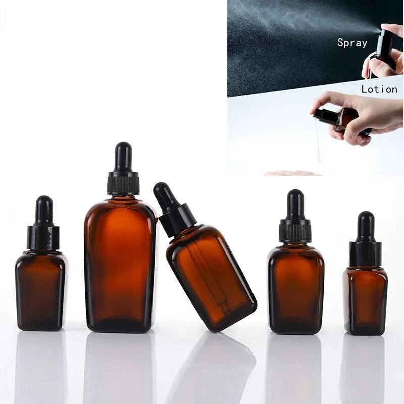 5pcs 10ml 20ml 30ml 50ml 100ml Square Amber Glass Dropper/Spary/Lotion Bottles Essential Oil Bottles With Glass Pipettes Jars 6