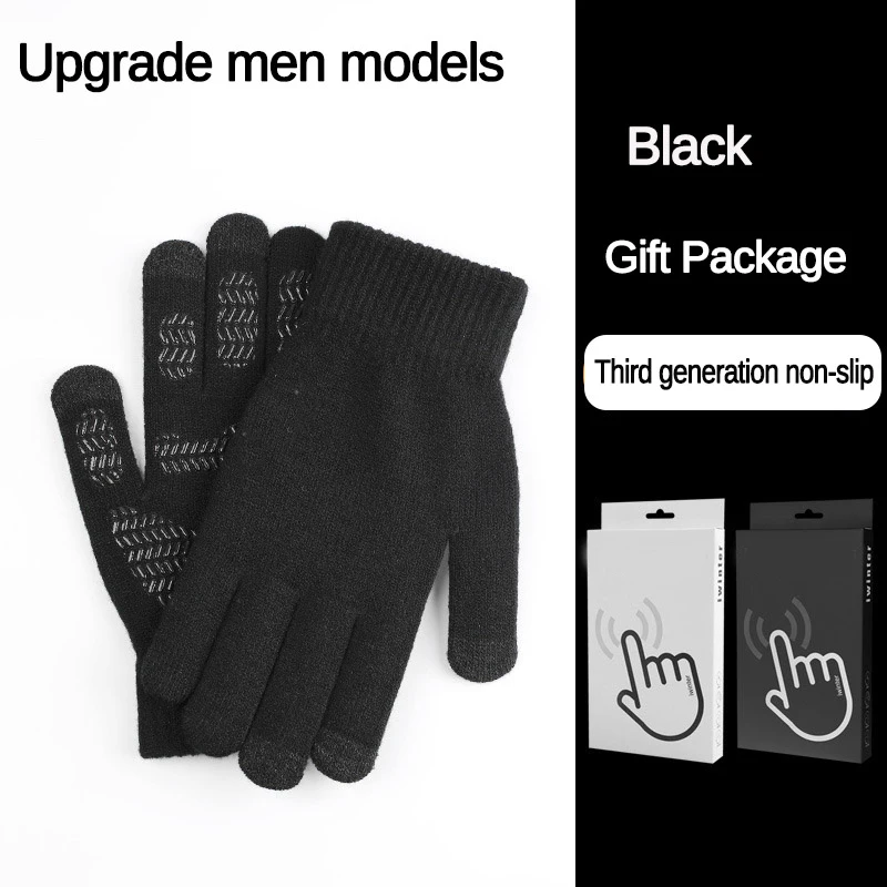 Black Men Осень-зима, вязаные перчатки с сенсорным экраном, высокое качество, мужские варежки, утолщенные, теплые, шерстяные, кашемировые, однотонные, для женщин, мужчин, деловые перчатки - Цвет: Black Men