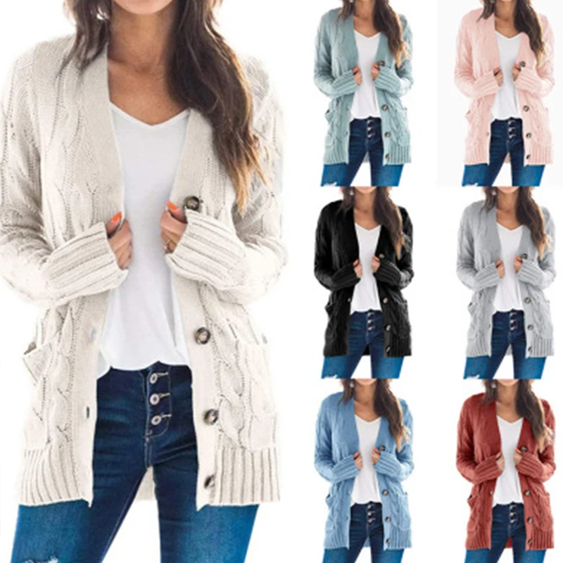 

Casual Women Long Sleeve Button Sweater Autumn Winter Solid Long Cardigans Ladies V-neck Twist Sweaters Outwear
