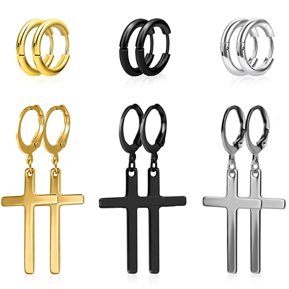 6 Pairs Fashion Cross Round Surgical Stainless Steel Huggie Hoop Earrings for Men Women | Украшения и аксессуары