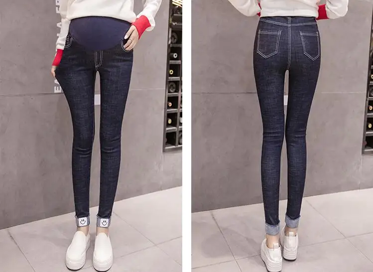 Teenster Pregnant Pants Jeans Winter Warm Gold Velvet Support Bell Denim Pants Legs Fleece Thick Trousers Maternity Clothes