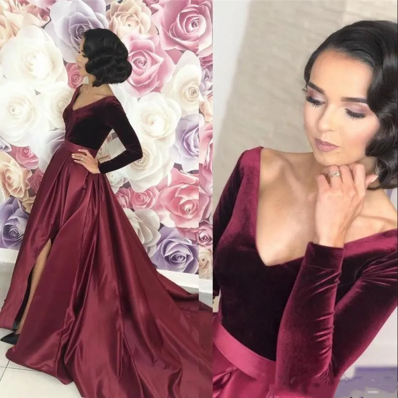 Burgundy Prom Dresses Long Sleeves Velvet Sexy Deep V Neck Satin Slit Sweep Train Custom Formal Occasion Wear Evening Party Gown black formal gown