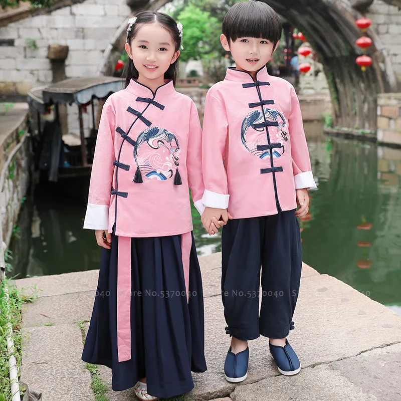 Kopen Chinese Traditionele Crane Borduren Kids Hanfu Kleding Set Kinderen Tang Pak Meisjes Feestjurk Jongens Kung Fu Tops Rokken Broek