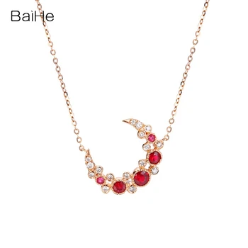 شراءBAIHE الصلبة 18K الذهب الأصفر 0.28ct الطبيعية روبي 0.12ct الماس الطبيعي النساء الزفاف غرامة مجوهرات روبي الماس القمر قلادة
