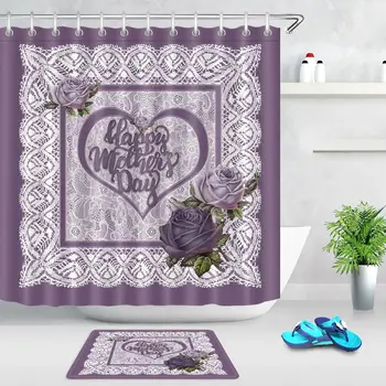 

Happy Mothers Day Bathroom Shower Curtains Purple Rose Flower White Lace Pattern Home Decor Fabric Bath Curtains Holiday Gift