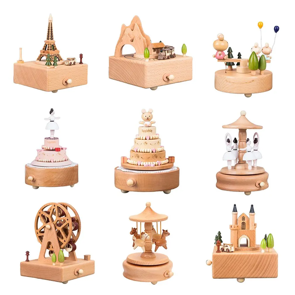 Lovely Music Box Wooden Music Box Home Creative Solid Wood Carousel Crafts Valentine's Day Gift Ornaments