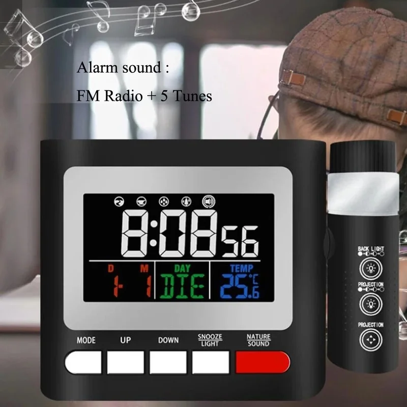 

Bedroom Digital FM Radio Projection Alarm Clock with Projector Phone Charger interface Temperature LCD Snooze Clock