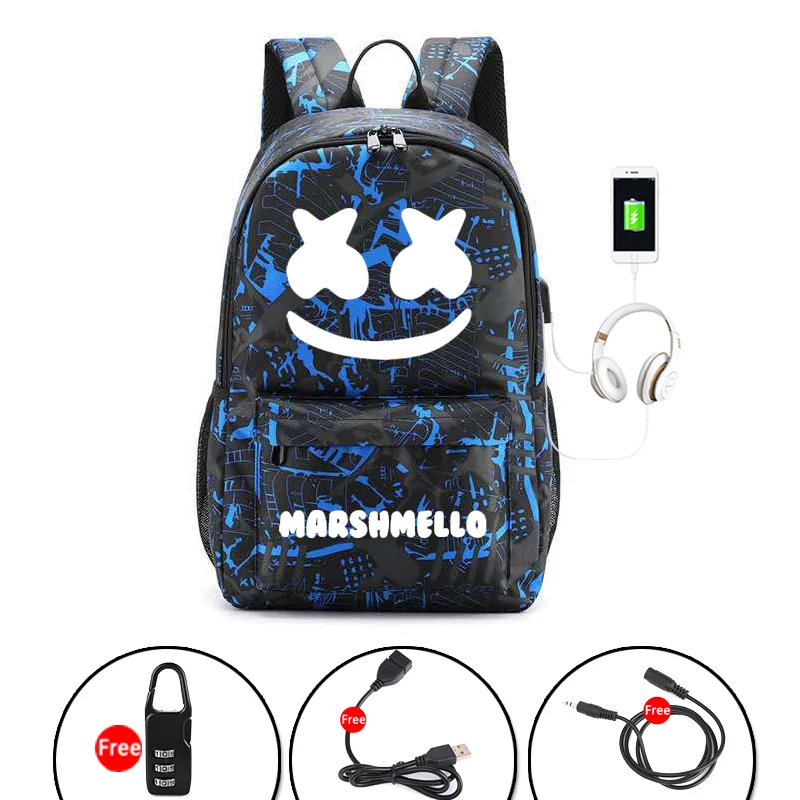 Синий Брезентовый светящийся DJ Marshmallow студенческий для подростка студенческий рюкзак USB зарядка ноутбук противоугонные школьные сумки - Цвет: Синий