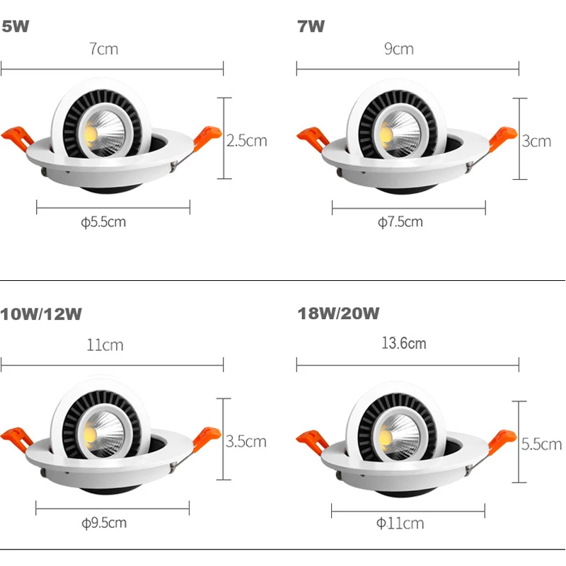 QLTEG Dimmable LED Downlight 5w 7w 10w Recessed Ceiling Lamp 360 Degree Rotation spot lights AC 110v 220V Indoor LED Bulb 4000K