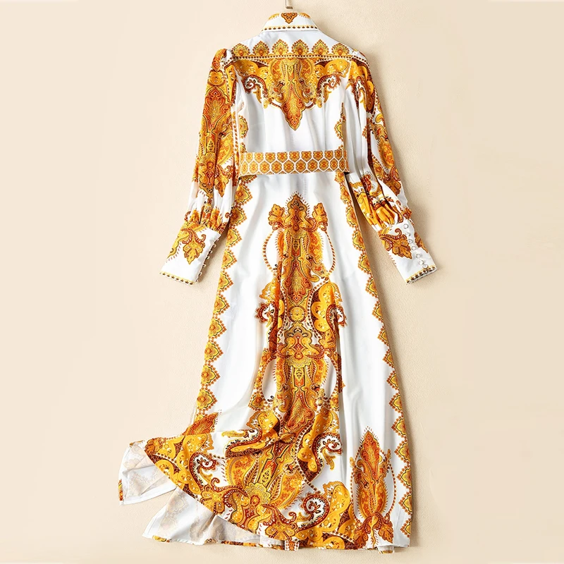 Goodlishowsi высокого класса Винтажный стиль корта народное женское Макси платье ретро тотем печати трапециевидной формы с отворотом однобортные пояса сплит