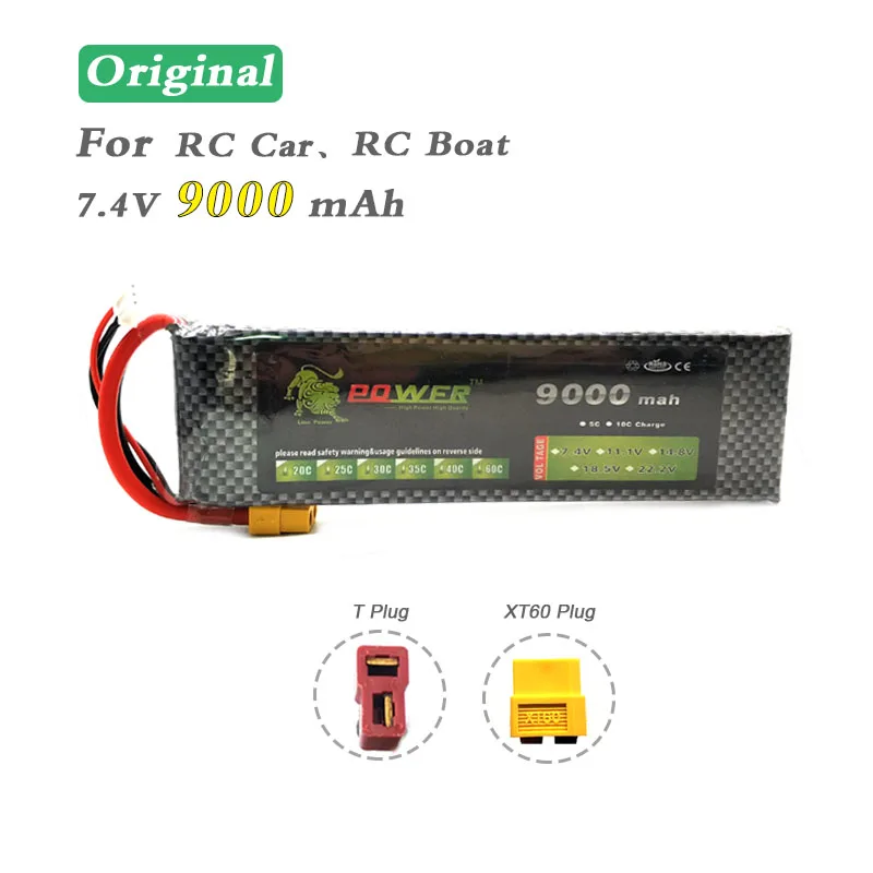 Lipo 2s Lion Power 7 4 v 9000mAh батарея T/XT60 штепсельная Вилка для гоночного автомобиля