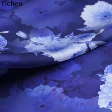 Ткань 93% натуральный и 7% спандекс синий белый Принт настоящий эластичный атласный материал Настоящее платье Чонсам ткань