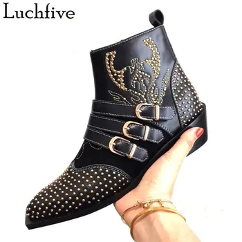 

Gold studed punk boots buckle strap pointed toe block heel ankle boots white black genuine leather shoes winter women INS boots