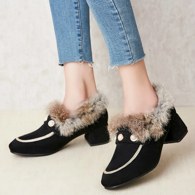 

US4-11 Womens Square Toe Real Rabbit Fur Pearls Block Chunky Heel Snow Warm Ankle Boots Winter Shoes 3Colors Plus Size A1438
