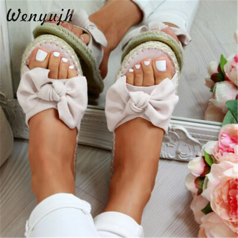 

WENYUJH Slippers Women Terlik Woman Slip On Sandals Bow Flat Hemp Linen Summer Sliders Espadrille Shoes Chanclas De Mujer
