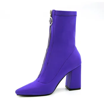 

2020 Hot Senior Purple Stretch Zipper Ankle Boots Heel Women Comfort Square Heel Short Booties Pointed Toe 9CM High Heels Shoes
