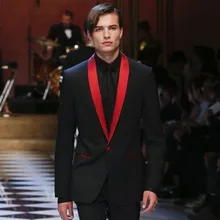 Модная Красная шаль с отворотом, приталенный черный смокинг для жениха, костюм, свадебная деловая Вечеринка мужской костюм для шафера(пиджак+ брюки+ бант