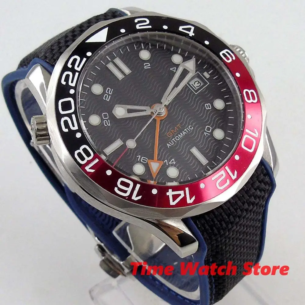 Роскошные 41 мм GMT DG 3804 автоматические мужские часы, светящийся черный циферблат, резиновый ремешок, синяя керамическая оправа, сапфировое стекло, водонепроницаемые, B259