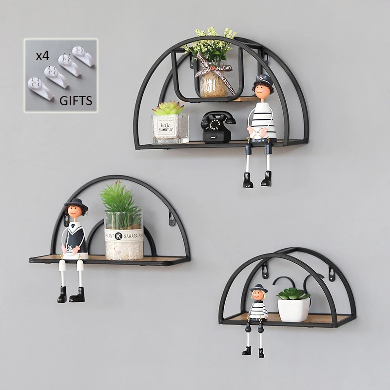 

Wall Mounted Iron Shelf Rustic Round Floating Shelf Wall Storage Holder for Pantry Living Room Bedroom Kitchen Entryway
