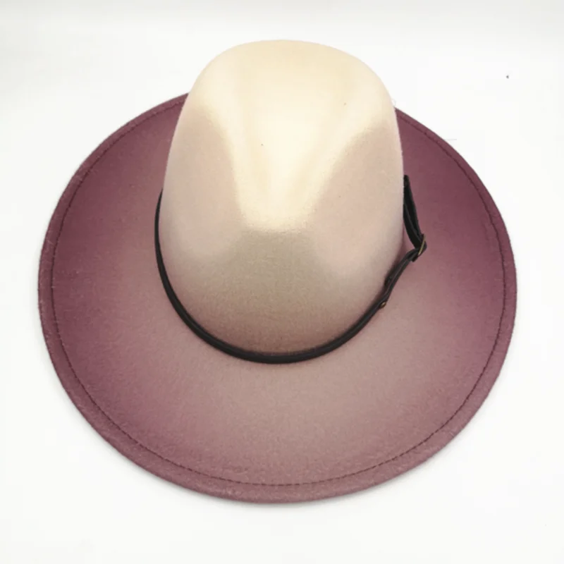 light purple Новая женская мужская шерстяная фетровая шляпа с кожаным ремнем Buck джентльменская Дамская зимняя Осенняя градиентная цветная джазовая церковная Панамская шляпа - Цвет: light purple