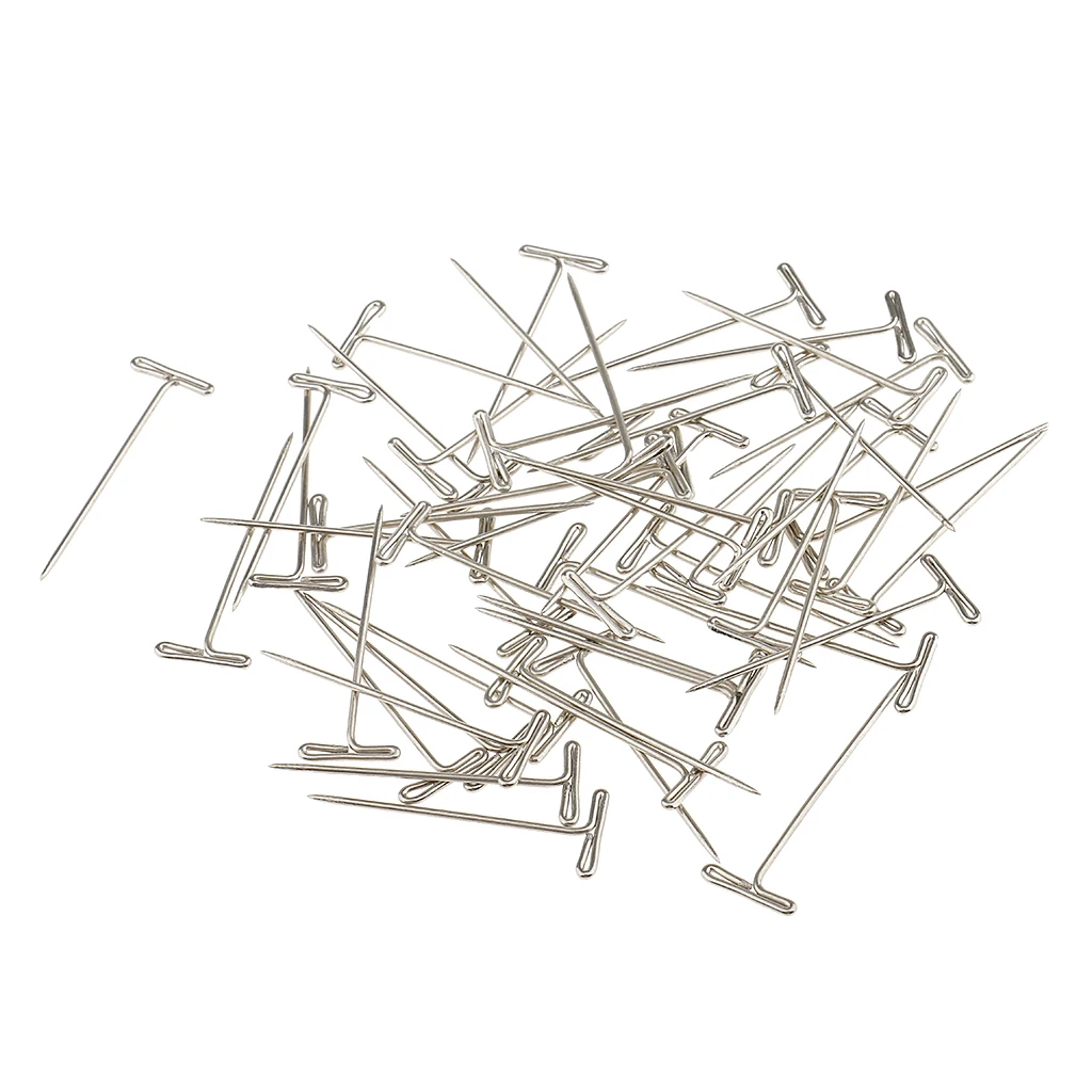 A Box of 50 Pieces T Shape Needles Pins for Wigs Hair Weaving Tools Sewing Crafts 38mm silver color