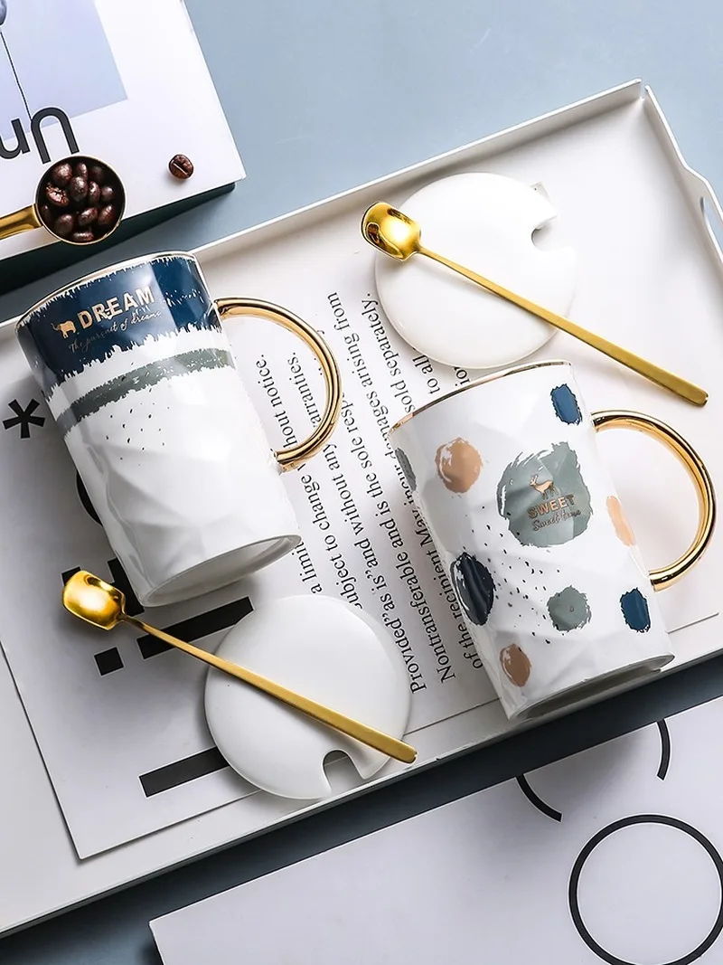 Ceramic Cup creative personality trend mug with lid spoon simple couple drinking cups for men and women's coffee cups