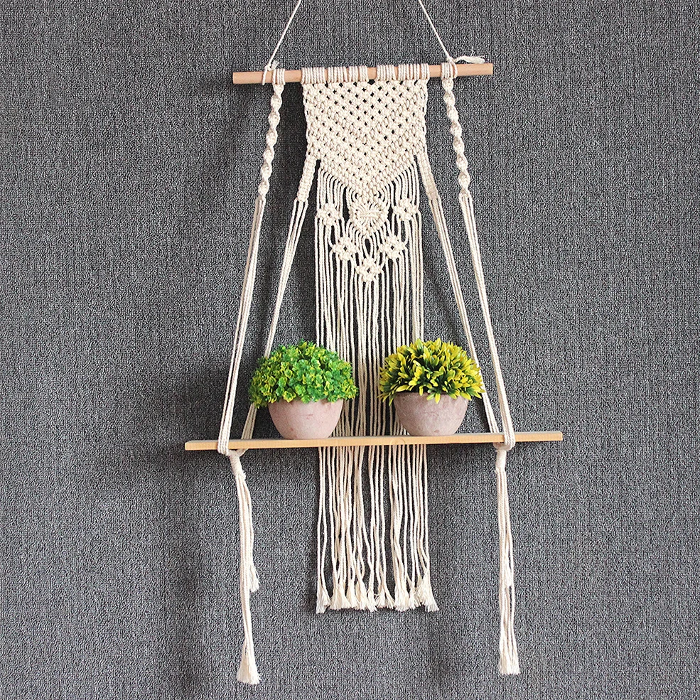 Деревянная двухслойная настенная полка Macrame, рамка для перегородок, декоративная корзина для растений, цветочная корзина, богемное украшение