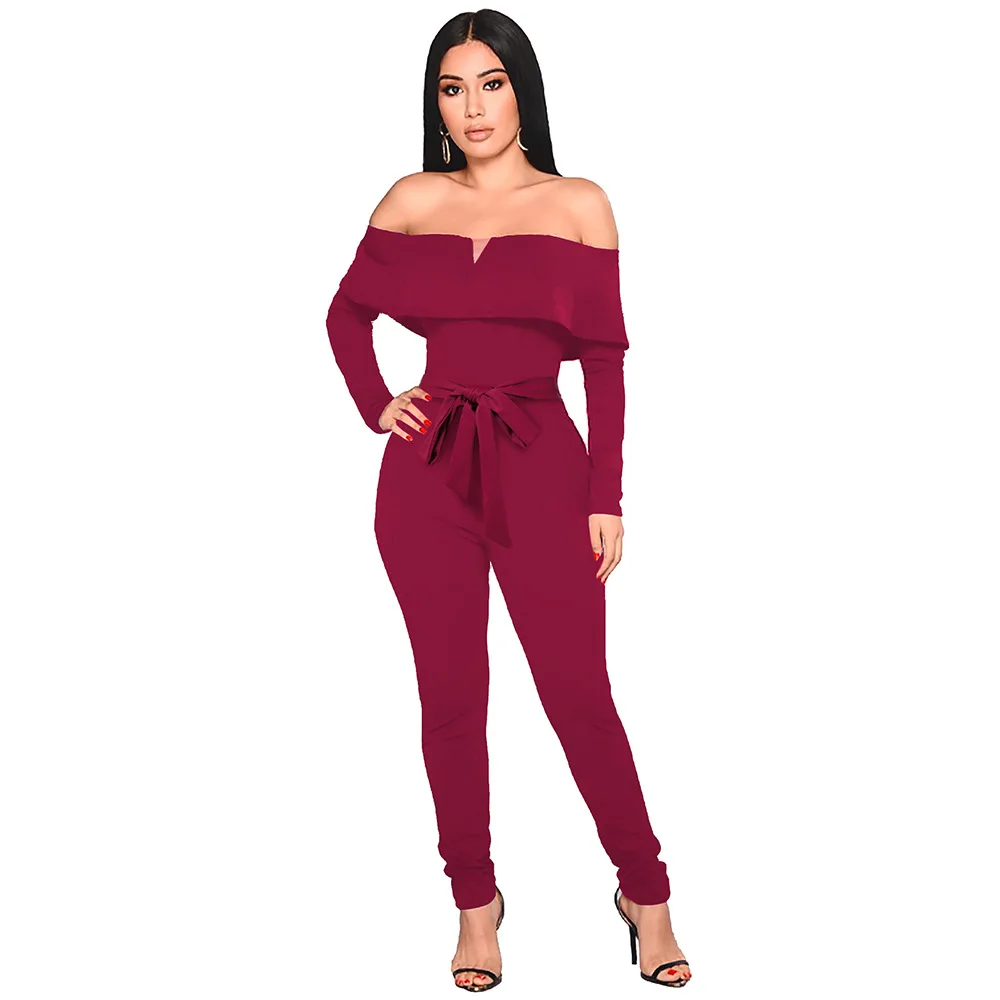 burgundy jumpsuit Элегантный комбинезон с оборками и открытыми плечами, женский сексуальный комбинезон с вырезом лодочкой и длинным рукавом, облегающие брюки-карандаш, женские комбинезоны - Цвет: burgundy jumpsuit