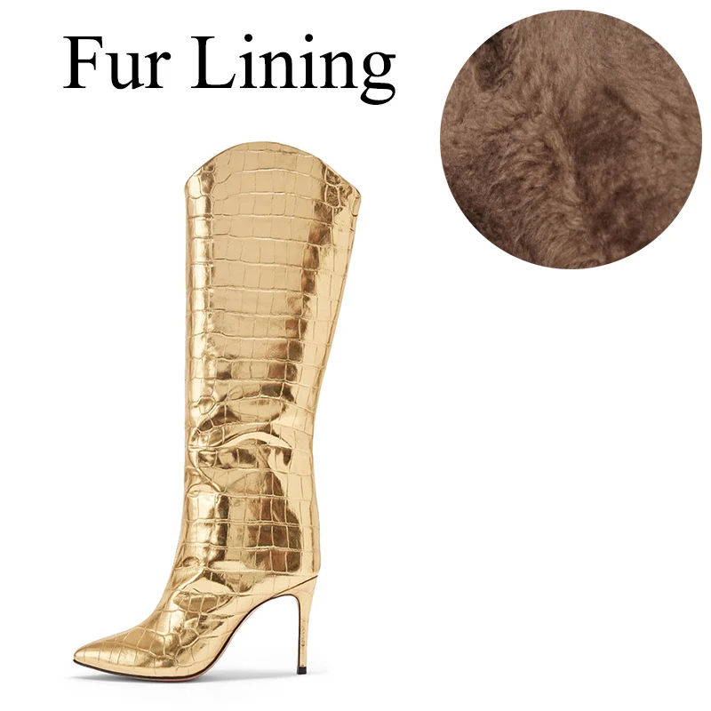 Gold with Fur lining Сапоги до колена на высоком каблуке с золотистым крокодиловым узором; коллекция года; женские высокие сапоги с острым носком на каблуке; женская зимняя обувь на шпильке - Цвет: Gold with Fur lining