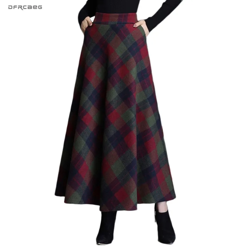 

High Waist Warm Vintage Wool Maxi Skirt Womens 2019 Winter Plus Size Print Plaid Woolen Ladies Pleated Skirt Casual Saia Longa