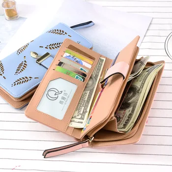 

Women's Long Wallet Fashion Clutch Phone Bag Hollow Leaf Female Zipper Buckle Card Holder Fold Large Capacity Casual Ladies Bag