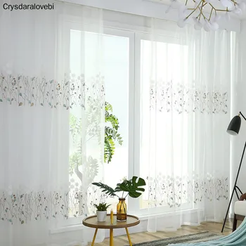 

Pastoral Style Sheer Tulle Curtains for Living Room Blue and White Flower Embroidered Curtain for Bedroom Curtains for Window