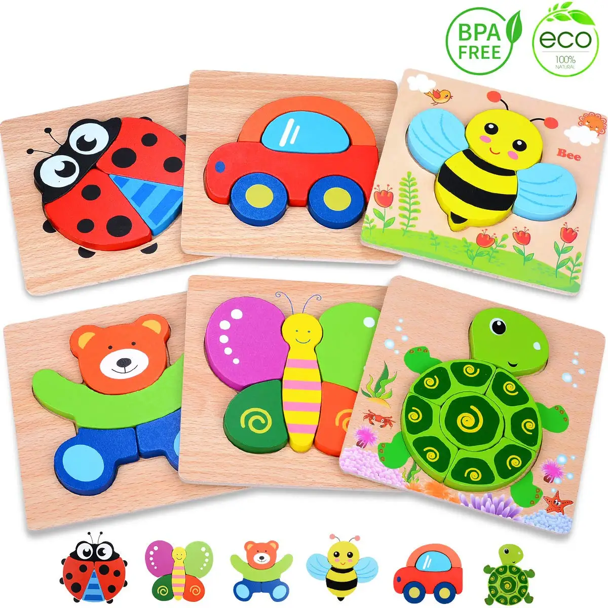 Wooden Jigsaw Puzzles for Toddlers 6-Packs Kids Puzzle 
