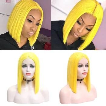 

AIMEYA Yellow Color Short Bob Synthetic Lace Front Wigs for Women Middle Part Heat Resistant Fiber Hair Wigs Natural Hairline
