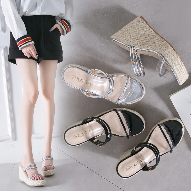 

Slippers Heels Shoes Woman 2019 Ladies Flip Flops Jelly Slides On A Wedge High Summer Hawaiian Transparent New Rubber PU