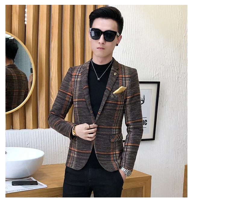 Мужской костюм дизайнерский Корейский мужской клетчатый Блейзер Masculino Slim Fit твид пуговица повседневный мужской Блейзер костюм пальто