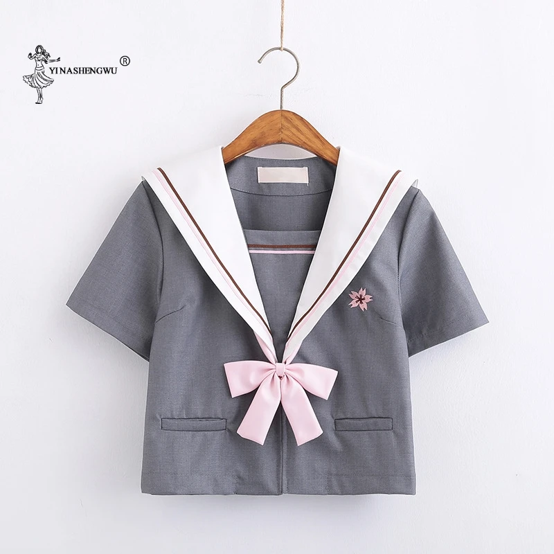 Японская jk форма для колледжа форма для средней школы для девочек костюм моряка студентов аниме школьные костюмы серый комплект из 2 предметов юбка - Цвет: Short - sleeved Top