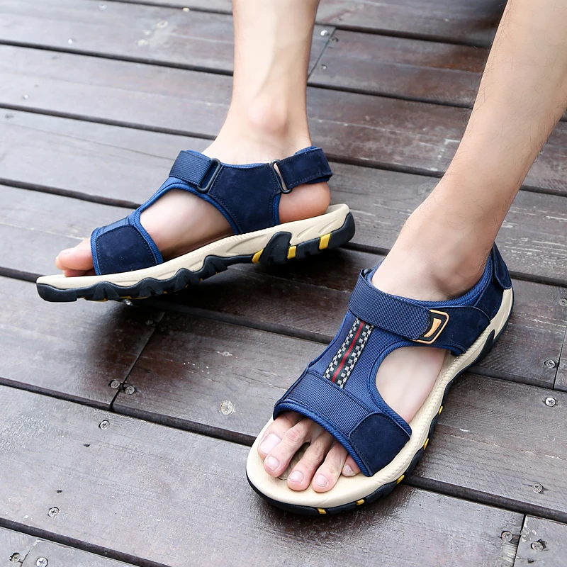 

BIMUDUIYU New Fashion Summer Leisure Beach Men Sandals High Quality Leather Sandal Male Outdoor Shoes Beach Large Sizes 46 47