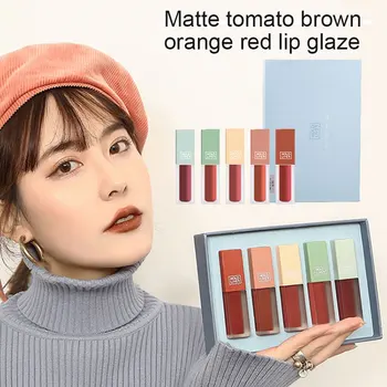 

5PCS/Set Lip Gloss Stares Waterproof Nude Matte Velvet Glossy Lipstick Lip Balm Sexy Red Lip Tint Women Fashion Makeup Gift