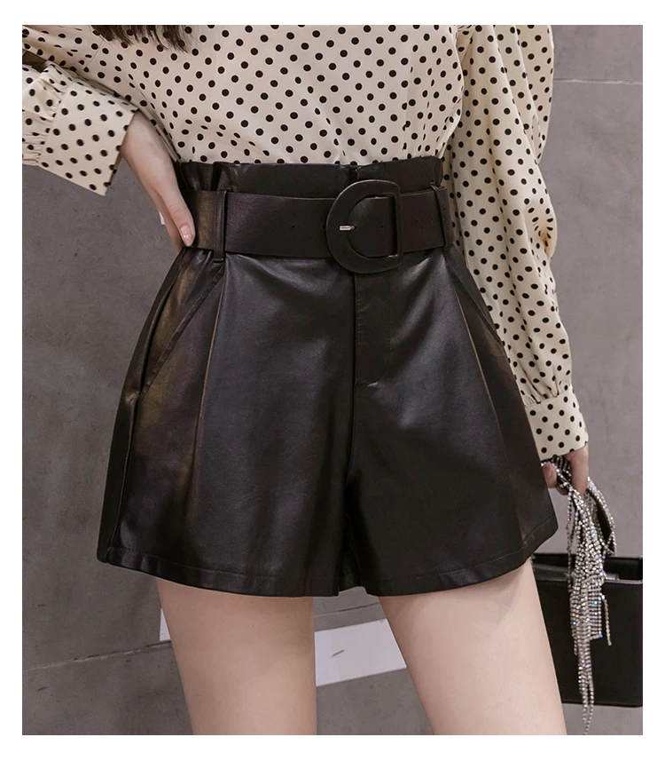 2022 New Autumn Winter Black PU Faux Leather Women's Shorts Sashes High Waist Wide Leg Shorts Elegant Female Trousers MT574 fashion clothing