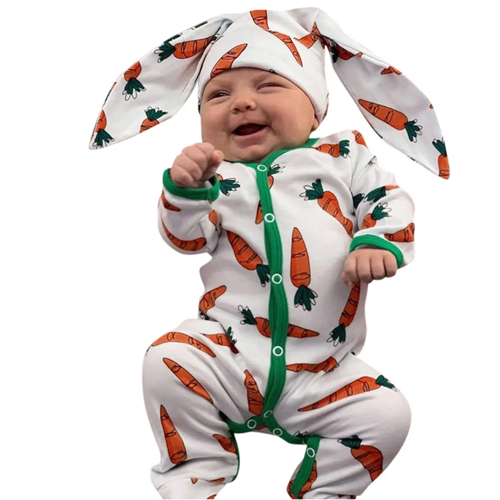 LOOZYKIT/Одежда для новорожденных; одежда для маленьких мальчиков и девочек; комбинезон с длинными рукавами и рисунком морковки; комбинезон+ шапка с ушками кролика; комплект одежды
