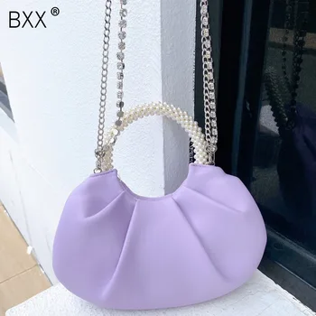 

[BXX] Luxury Pearl Handle Chain PU Leather Crossbody Bags For Women 2020 Solid Color Shoulder Handbags Female Travel Bag HN123